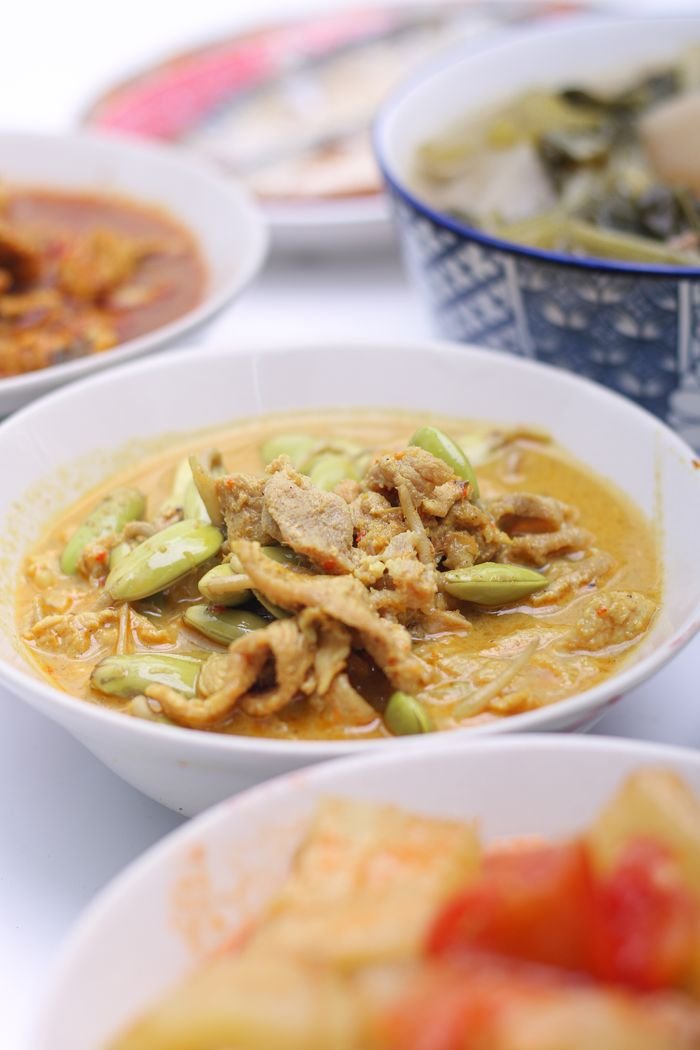 Delicious traditional Thai curry served in a bowl with vegetables. Perfect for food photography.